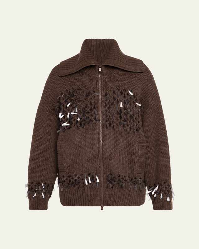 Sequined Net Stitch Cashmere Zip Cardigan